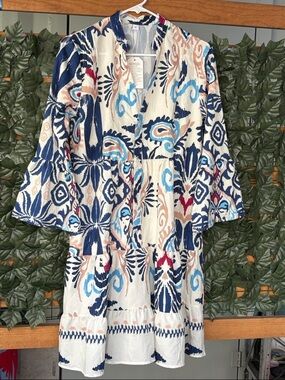 Printed Midi Dress in Navy & Cream - Lightweight Tiered Dress (no brand)